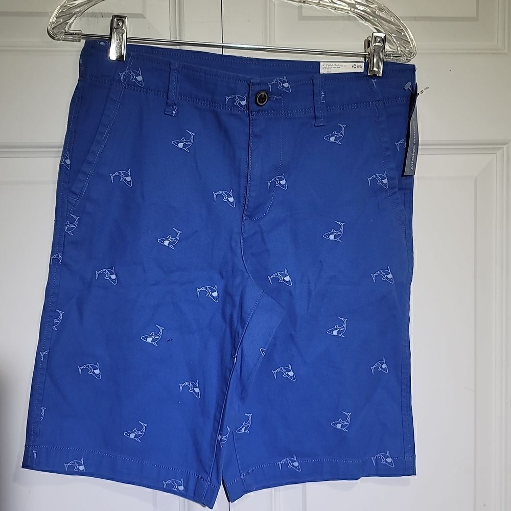 arizona Boy's Husky Stretch Blue Chino Shark Print Shorts